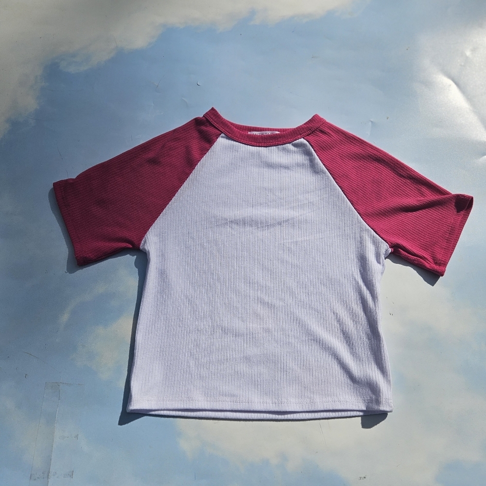 Pink & White Crop Top, Girls Pink Baseball Tee Basic Tee Casual Top